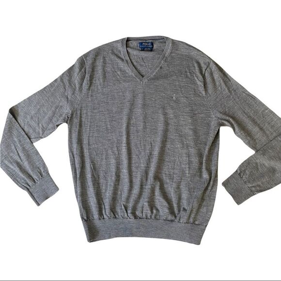POLO RALPH LAUREN MENS V NECK‎ KNIT SWEATER TOP WASHABLE MERINO WOOL GRAY  SZ XL - Picture 1 of 12